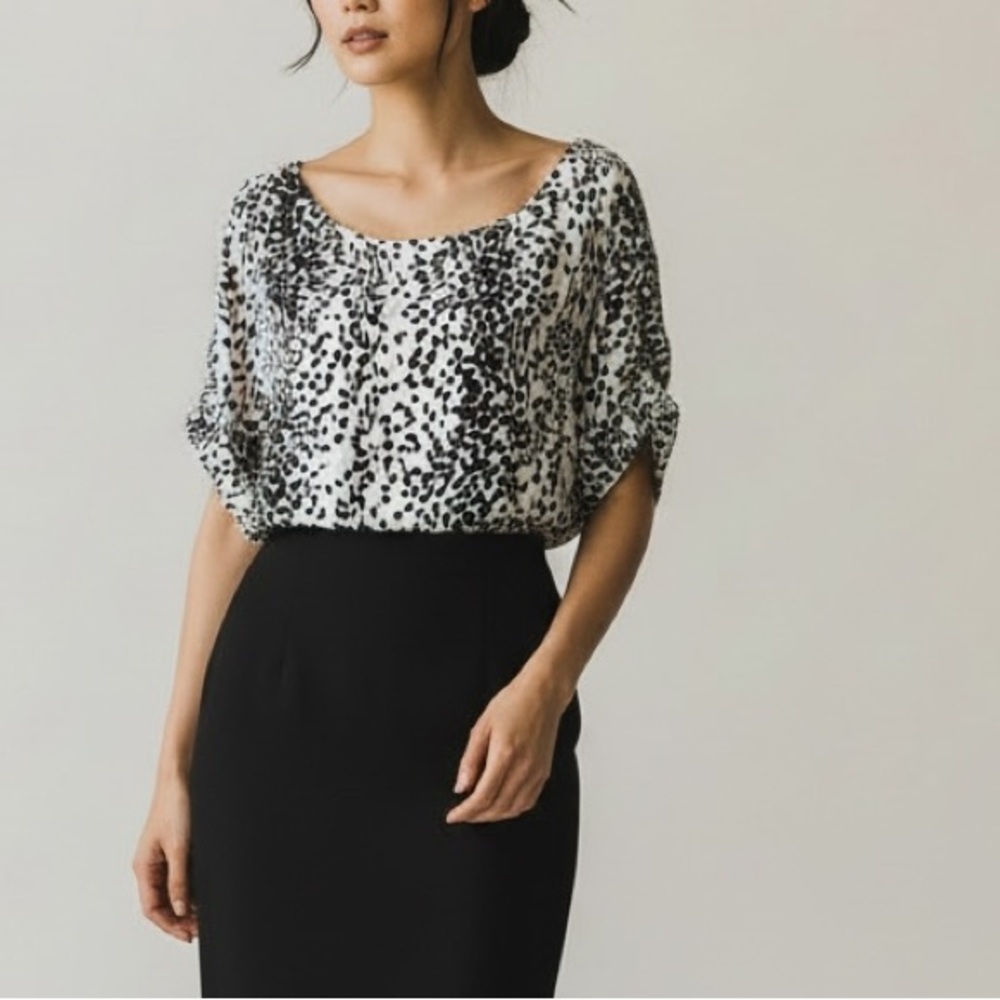 BCBGeneration Black and White Abstract Dot Scoop Neck Blouse
